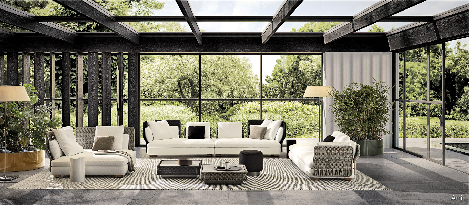 <p>Para la 2024 Collection, el diseñador firma el sistema de asientos Amii, caracterizado por paneles de cuerdas tejidas que diseñan respaldos y apoyabrazos, y que acogen diversas formas de cojines para disfrutar del máximo confort en los momentos de relax al aire libre.</p>
